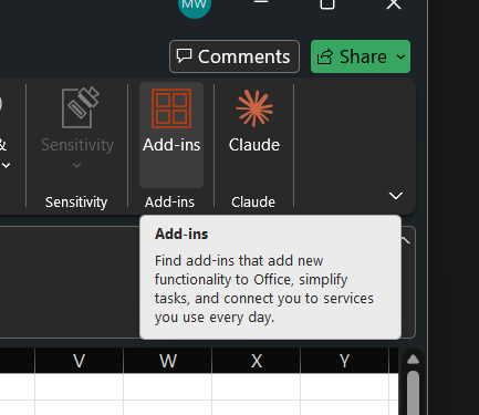 The Add-ins button on Excel's Home ribbon