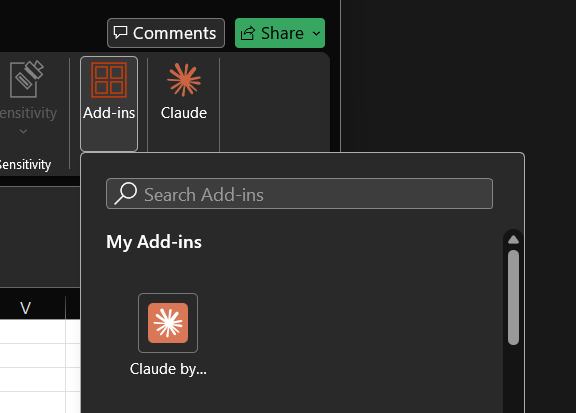 The Add-ins dialog with a search box
