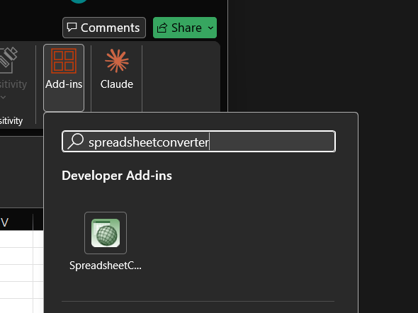 Searching for spreadsheetconverter in the Add-ins dialog