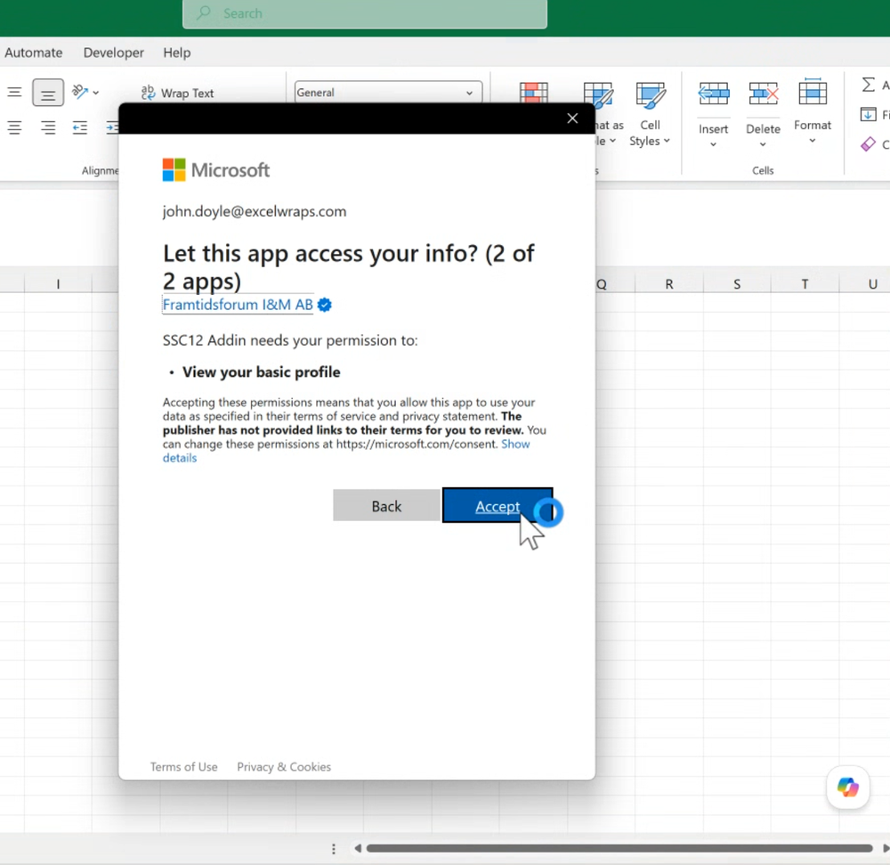The Microsoft consent dialog showing publisher Framtidsforum I&M AB and View your basic profile