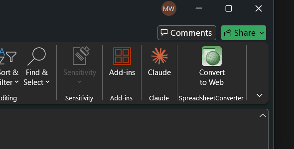The Convert to Web button in the SpreadsheetConverter ribbon group
